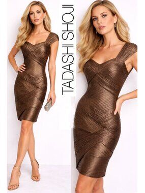 Tadashi Shoji Gold Metallic Pleated Cocktail Dress Stretch Crisscross Small